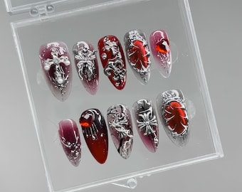 Black and Red Gothic Press On Nails - Silver Charms Decorated Nails - Cross Goth Nails - Handpainted Press On Nails
