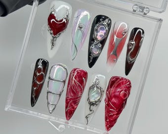 Dark Red Press On Nails, Gothic Punk Rock Nails, Long Stiletto Nails, Goth Y2K Hearts Silver Fake Nails