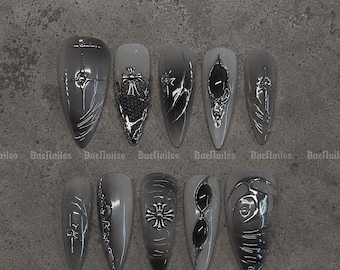 Dark Grey Chrome Cyber Press On Nails | Gothic Armor Nail Art | Futuristic 3D Statement Set