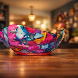 Könnte beinhalten: Eine dekorative Schale mit Mosaikdesign. Die Schale besteht aus farbenfrohen Teilen in Rosa-, Blau-, Gelb- und Weißtönen. Die Schale steht auf einer Holzoberfläche.