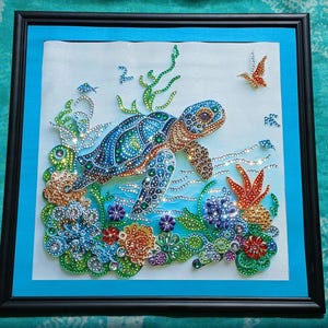 Quadro da parete con diamanti incorniciato – Collezione Animali dell'Oceano e Gattino Scintillante / Tartarughe marine, Polpo, Gatto / Decorazione con strass e cristalli