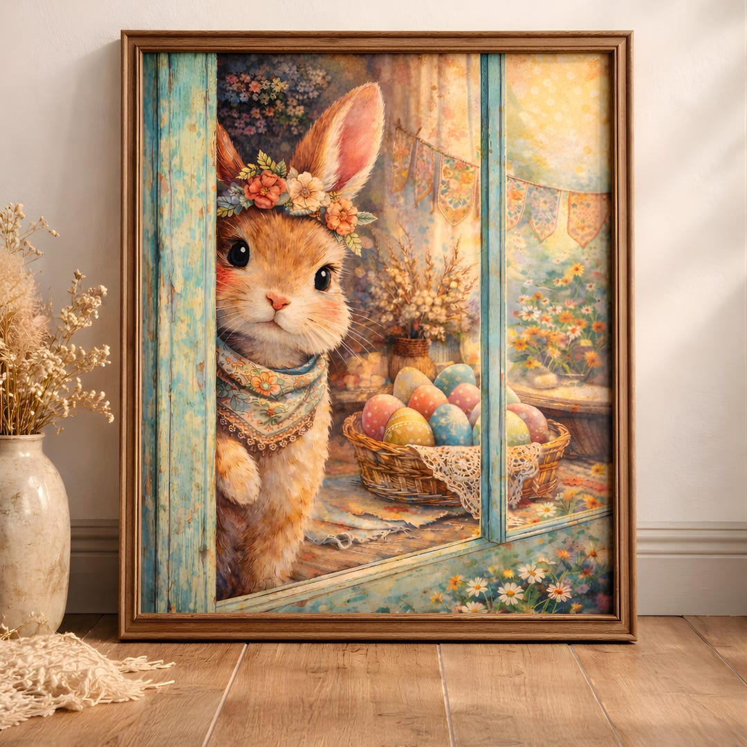 Vintage Boho Easter Bunny Wall Art Print, Rustic Spring Decor ...