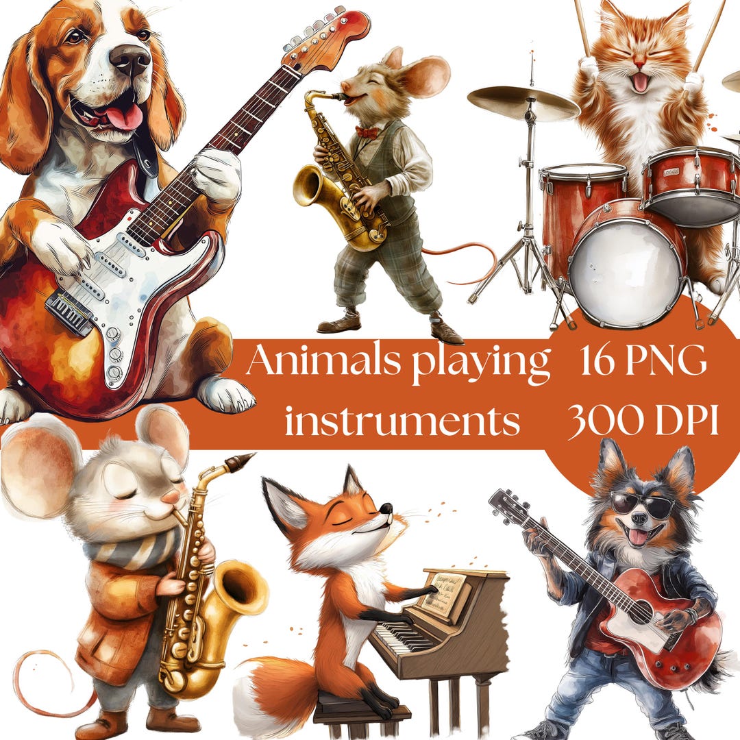 Craftable Instruments Animals Animals Playing Instruments Clipart: Watercolor PNG Art (digital ...