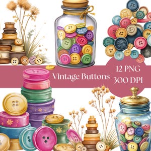 Sewing Buttons Clipart, Vintage Watercolor PNGs for Scrapbooking, Digital Download Craft Supplies, DIY Art, junk journals, cottagecore