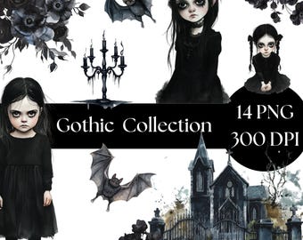 Akvarell Goth Girl Clipart: Nyckfull mörk fantasigrafik (kommersiellt bruk)