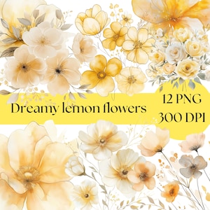 Yellow Floral Clipart, Watercolor Flower PNG, Digital Download, Wedding Bouquet, Floral Frames, Clipart, commercial use flowers png lemon