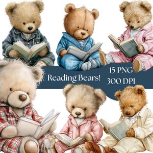 May include: Watercolor illustration of six teddy bears reading books. The bears are wearing pajamas in various colors and patterns, including blue, pink, and plaid. The text "Reading Bears!" is displayed on a dark blue banner.