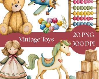 Clipart de juguetes vintage en acuarela: Gráficos de arte infantil (Descarga digital PNG)