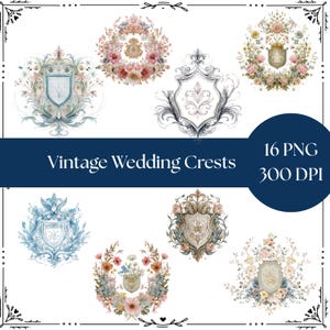 Vintage Wedding Crest PNG, wedding clipart, Rococo clipart, floral wedding graphics, junk journal, cottagecore, Victorian images, digital