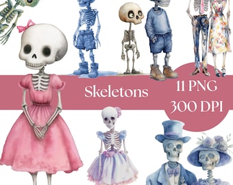 Skeleton Clipart, Cute Spooky Halloween Bundle, Digital Download PNGs for Crafts, Commercial Use graphics for invitations and scrapbooks