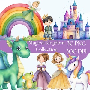 Watercolor Magical Kingdom Clipart, Enchanted Castle Art, Unicorn Princess Graphics, Fairytale Nursery Decor, cute nursery illustrations