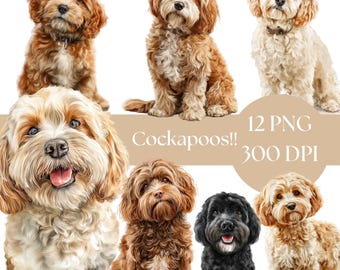 Cockapoo Clipart, High-Quality PNG, Watercolor Dog Graphics, Digital Download, Pet Art, Card Making Bundle, cute dog,, junk journal clip art