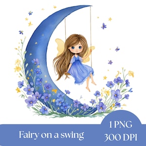 Moon Fairy Clipart, Celestial Watercolor Art, Digital Download Graphics, Sublimation for Crafting, Commercial Use Printables, fairy PNG
