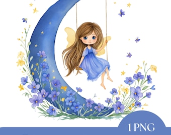 Aquarel clipart maanfee: hemelse png-afbeelding (digitale download)