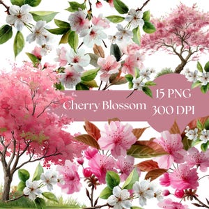 Cherry Blossom Trees Clipart, Watercolor, Printable Digital Download PNG for Crafting & Journals, junk journal graphics, commercial use PNG