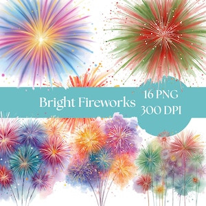 Può includere: Illustrazioni ad acquerello di fuochi d'artificio colorati nelle tonalità del rosa, blu, giallo, verde e rosso. L'immagine include il testo "Bright Fireworks", "16 PNG" e "300 DPI" su uno sfondo turchese. I fuochi d'artificio sono raffigurati con un'esplosione di luce.