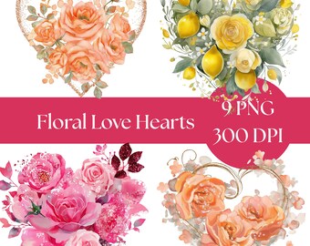Watercolor Floral Heart PNG: Valentine's Day Clipart (Digital Download, Commercial Use Graphics)