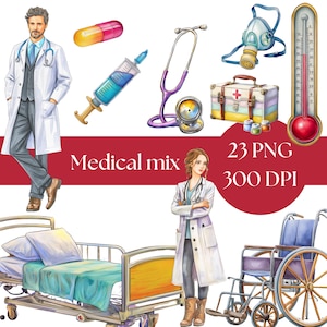 Watercolor Medical Clipart, Nurse Clipart, Doctor Graphics, Healthcare PNG, Digital Download, Commercial Use, cottagecore images for crafts