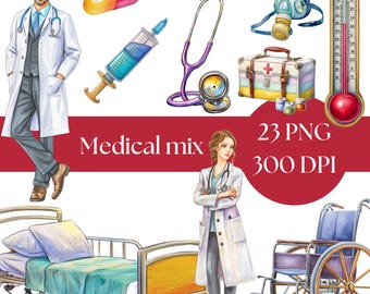 Watercolor Medical Clipart: Healthcare Graphics, Nurse & Doctor PNG (Digital Download)