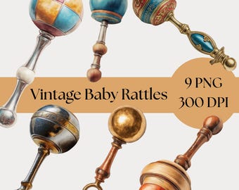 Vintage Baby Rattle Clipart, Cute Digital Nursery Art, Baby Shower Decor, Craft Supplies for DIY Projects, invitations, cute baby graphics