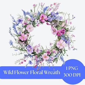 Wild Flower Wreath Clipart, Watercolor Floral Design, Botanical Wreath PNG, Summer Wedding Clipart, Digital Art for crafting and scrapbook