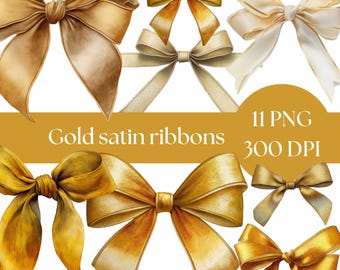 Golden Ribbon Clipart: Watercolor Gold Bows, Vintage Style (PNG Digital Art for Crafts