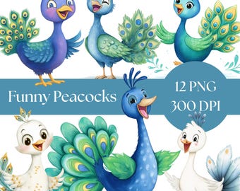 Funny Peacock Clipart, Quirky Bird Illustrations, High Quality Digital Download for Scrapbooking, Card Making, and Crafts junk journal PNG