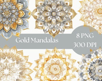 May include: Eight gold and silver mandala designs with intricate patterns. The mandalas are set against a white background. The text "Gold Mandalas" and "8 PNG 300 DPI" is displayed below the mandalas.