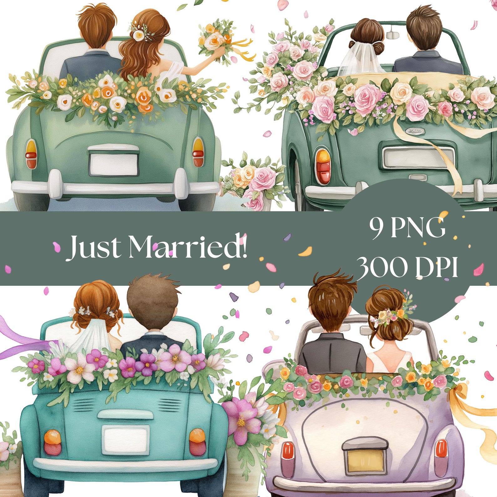 Just Married Car Clipart, Wedding Day Digital Download, Bride and Groom ...