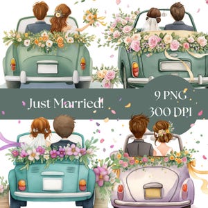 Clipart Just Married Car, digitale download trouwdag, bruid en bruidegom png, afdrukbare aquarelkunst, junkdagboek huwelijksuitnodiging