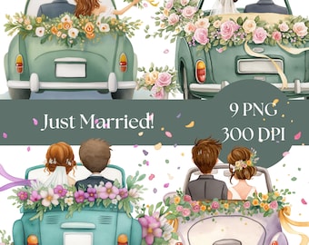 Just Married Car Clipart, Wedding Day Digital Download, Bride and Groom PNG, Printable Watercolor Art, wedding invitation junk journal