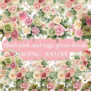 Blush Pink Floral Clipart, Sage Green Watercolor Bouquets, Digital Download for Weddings, Floral Elements, digital graphics for crafts