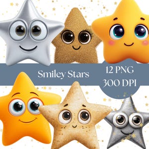 Cute Star Clipart, Kawaii Star Shapes, Digital Download PNG & SVG, Watercolor Star Art for Nursery Decor, classroom resources, star graphics