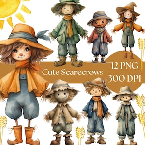 Scarecrow Clipart - Watercolor Fall PNG, Cute Autumn Graphics, Digital Download for Scrapbooking & Commercial Use, Halloween PNG graphics