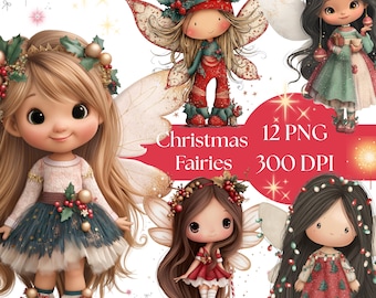 May include: Digital illustration of five Christmas fairies with large eyes, wings, and festive attire. The fairies are adorned with holly, berries, and Christmas lights. Text on a red banner reads "Christmas Fairies 12 PNG 300 DPI."