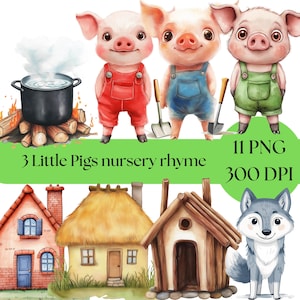 3 kleine Schweinchen Clipart, Märchen digitale Illustrationen, großer böser Wolf, Kinder Party Dekoration, Kinderreim Grafiken, süßes Schweinchen Clip Art