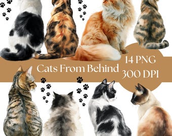 May include: A digital illustration featuring eight cats in various poses and colors, including black and white, orange, and tabby patterns. The image includes the text "Cats From Behind," "MEOW," and "14 PNG 300 DPI."