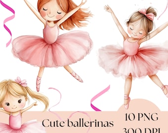 Imágenes prediseñadas de bailarina linda, adorable bailarina PNG, imágenes prediseñadas de ballet rosa para niños, descarga digital para manualidades e invitaciones de cumpleaños.