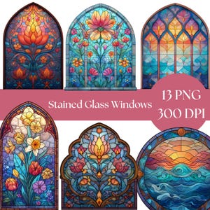 Stained Glass Window Clipart, Colorful Digital Download PNGs for Vintage Art Projects, Clipart Bundle for Crafts, junk journal, church art