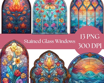 Glasmalerei-Fenster Clipart: Aquarell PNGs für Kunst-Projekte (Digitaler Download)
