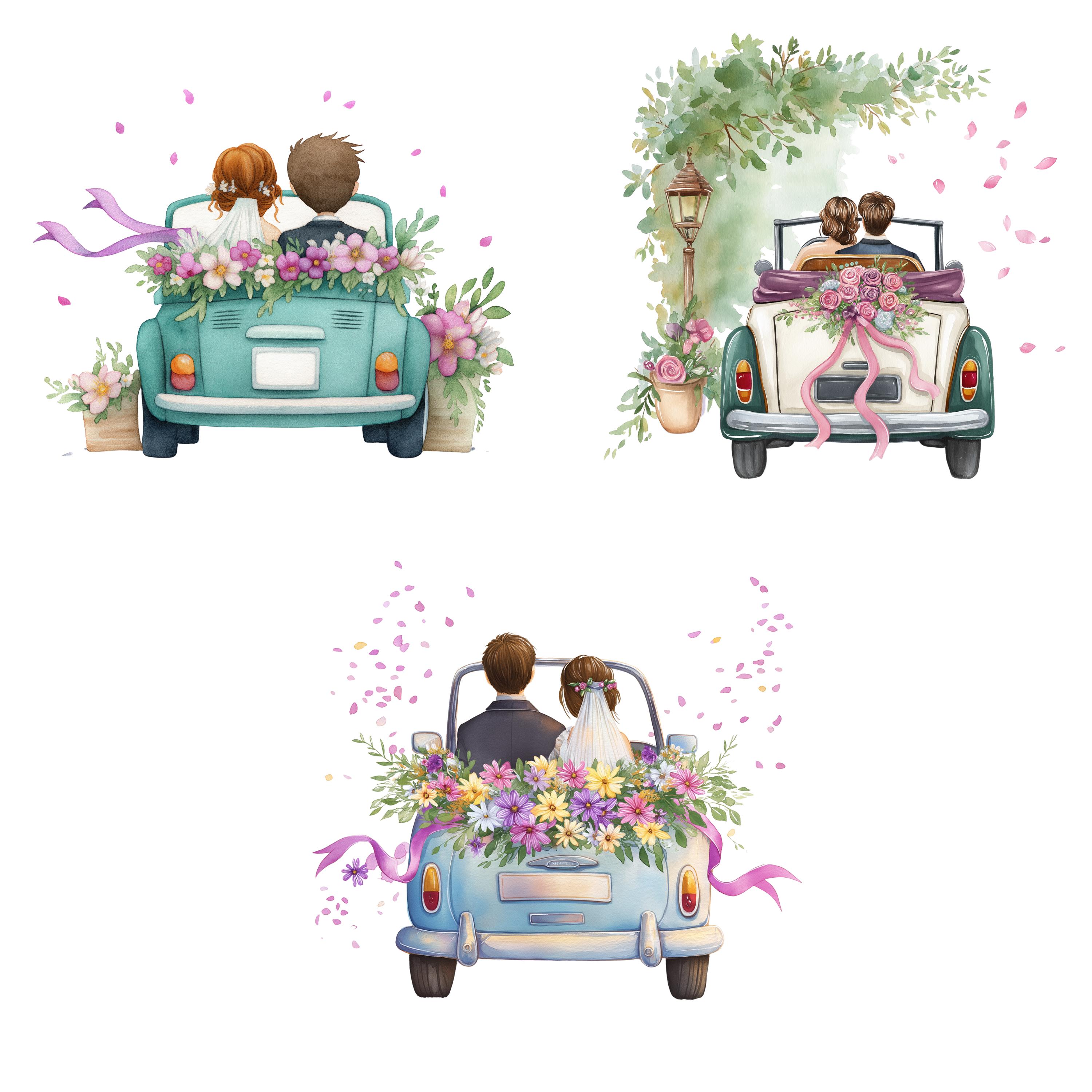 Just Married Car Clipart, Wedding Day Digital Download, Bride and Groom ...