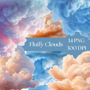 May include: A digital art piece featuring fluffy clouds in shades of pink, white, orange, and blue. The text "Fluffy Clouds" is displayed on a blue banner, along with "14 PNG" and "300 DPI".