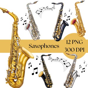 Imágenes prediseñadas de saxofón, archivos PNG coloridos para descarga digital, arte en acuarela, instrumentos musicales para manualidades y scrapbooking, gráficos musicales