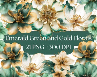 Emerald Green & Gold Watercolor Flower Clipart: Wedding Bouquets (PNG Digital Download)