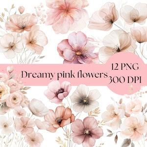 ピンクの花 PNG、水彩花のクリップアート、デジタルダウンロード、結婚式の装飾、工芸品用の花のアート、印刷可能なアート、ピンクパステルカラーのピンク