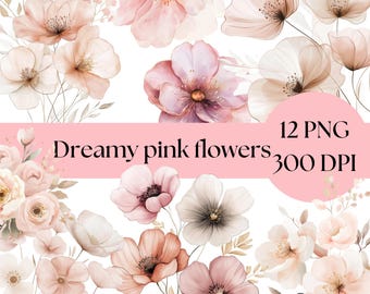 Pink Flowers PNG, Watercolor Floral Clipart, Digital Download, Wedding Decor, Floral Art for Crafts, printable art, blush pink pastel color