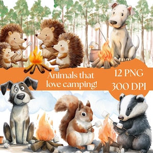 Camping Clipart Bundle, Adventure Graphics, Campfire PNG, Nature Illustrations, Digital Download for Crafts, forest animals, outdoor life