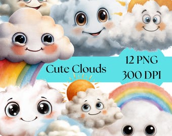 Kawaii Cloud Clipart: Akwarela Pogoda PNG (Pobieranie cyfrowe, Użytek komercyjny)