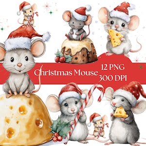 Christmas Mouse Clipart, Adorable Watercolor Mice, Printable Art for Cards, Scrapbook, Digital Download, Invitation Graphics, junk journal