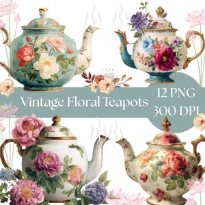 Vintage Blumen Teekanne Clipart, druckbare Aquarell Kunst, hochwertige PNGs, digitaler Download für Handwerk, Junk Journals, Cottagecore Grafiken